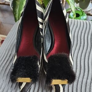 Burberry Zebra Print Heels with Black Fur Accent